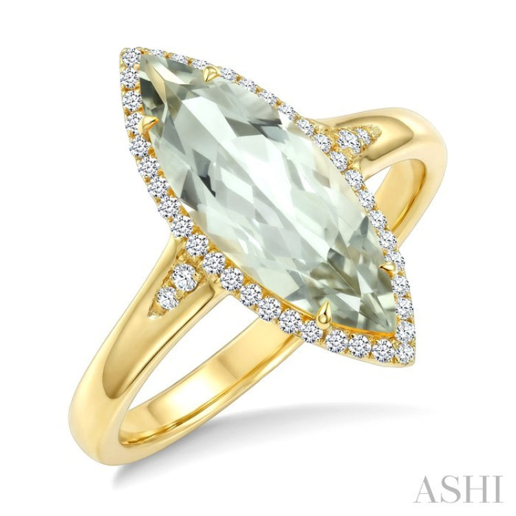 16X7 MM Marquise Shape Green Amethyst and 1/6 Ctw Round Cut Diamond Semi-Precious Ring in 10K Yellow Gold