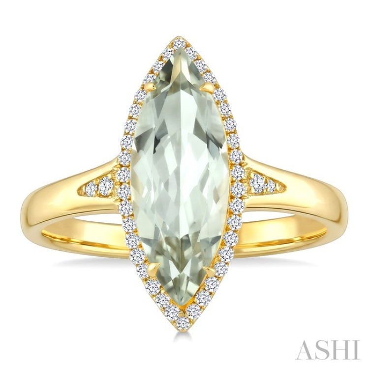 16X7 MM Marquise Shape Green Amethyst and 1/6 Ctw Round Cut Diamond Semi-Precious Ring in 10K Yellow Gold