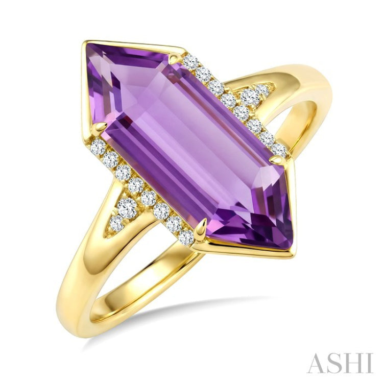 16X6 MM Hexagon Shape Amethyst and 1/10 Ctw Round Cut Diamond Semi-Precious Ring in 10K Yellow Gold