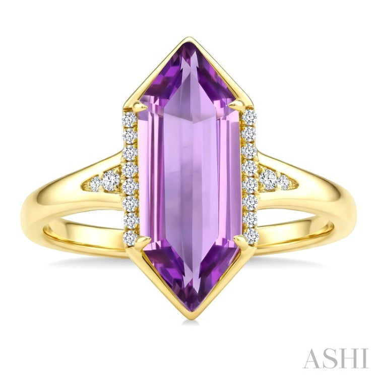 16X6 MM Hexagon Shape Amethyst and 1/10 Ctw Round Cut Diamond Semi-Precious Ring in 10K Yellow Gold