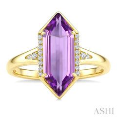 16X6 MM Hexagon Shape Amethyst and 1/10 Ctw Round Cut Diamond Semi-Precious Ring in 10K Yellow Gold