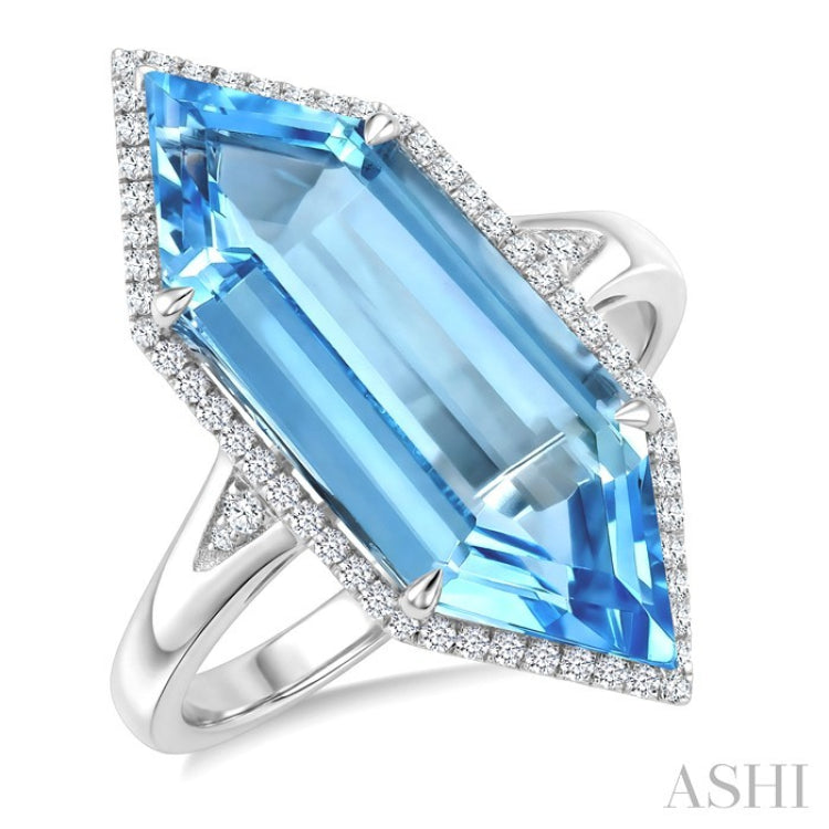 22X8 MM Hexagon Shape Blue Topaz and 1/4 Ctw Round Cut Diamond Semi-Precious Ring in 14K White Gold