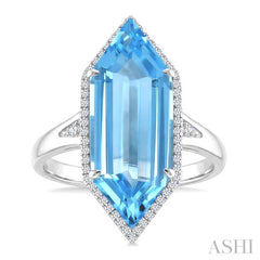 22X8 MM Hexagon Shape Blue Topaz and 1/4 Ctw Round Cut Diamond Semi-Precious Ring in 14K White Gold