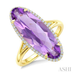 22X8 MM Oval Shape Amethyst and 1/5 Ctw Round Cut Diamond Semi-Precious Ring in 14K Yellow Gold