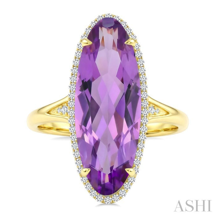 22X8 MM Oval Shape Amethyst and 1/5 Ctw Round Cut Diamond Semi-Precious Ring in 14K Yellow Gold