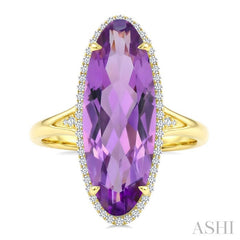 22X8 MM Oval Shape Amethyst and 1/5 Ctw Round Cut Diamond Semi-Precious Ring in 14K Yellow Gold