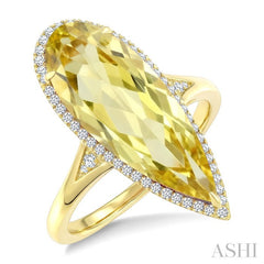 22X8 MM Pear Shape Lemon Quartz and 1/5 Ctw Round Cut Diamond Semi-Precious Ring in 14K Yellow Gold