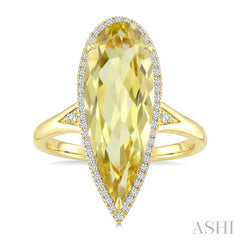 22X8 MM Pear Shape Lemon Quartz and 1/5 Ctw Round Cut Diamond Semi-Precious Ring in 14K Yellow Gold