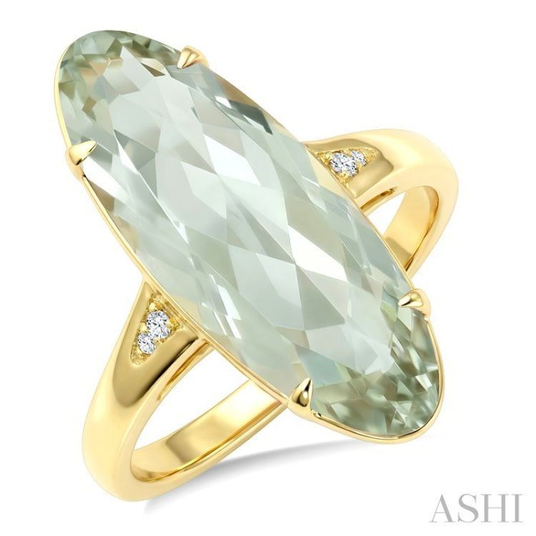 22X8 MM Oval Shape Green Amethyst and 1/50 Ctw Round Cut Diamond Semi-Precious Ring in 14K Yellow Gold