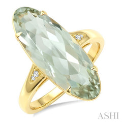 22X8 MM Oval Shape Green Amethyst and 1/50 Ctw Round Cut Diamond Semi-Precious Ring in 14K Yellow Gold