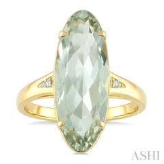 22X8 MM Oval Shape Green Amethyst and 1/50 Ctw Round Cut Diamond Semi-Precious Ring in 14K Yellow Gold