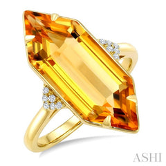 22X8 MM Hexagon Shape Citrine and 1/20 Ctw Round Cut Diamond Semi-Precious Ring in 14K Yellow Gold