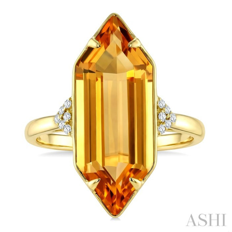 22X8 MM Hexagon Shape Citrine and 1/20 Ctw Round Cut Diamond Semi-Precious Ring in 14K Yellow Gold
