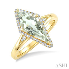 16X7 MM Kite Shape Green Amethyst and 1/6 Ctw Round Cut Diamond Semi-Precious Ring in 10K Yellow Gold