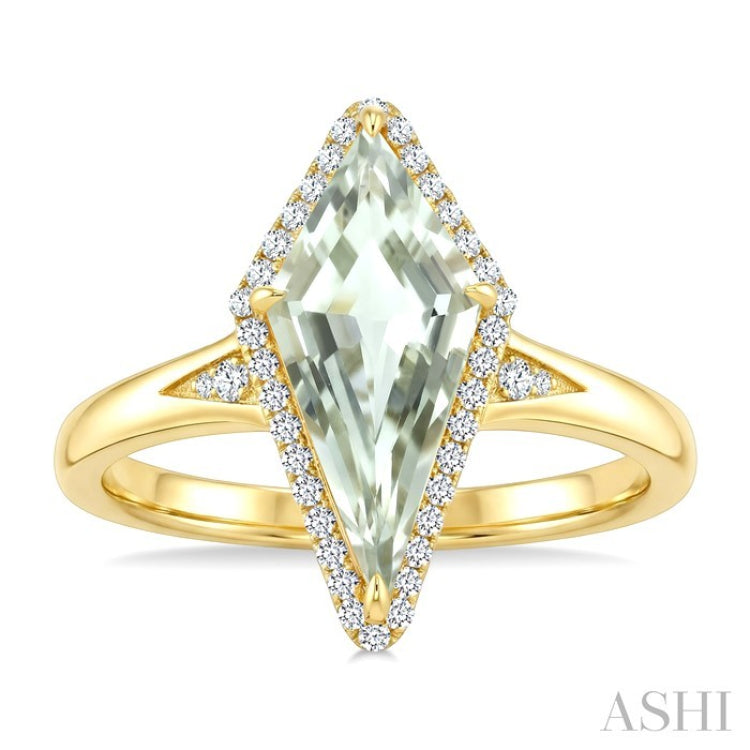 16X7 MM Kite Shape Green Amethyst and 1/6 Ctw Round Cut Diamond Semi-Precious Ring in 10K Yellow Gold