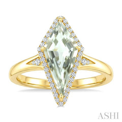 16X7 MM Kite Shape Green Amethyst and 1/6 Ctw Round Cut Diamond Semi-Precious Ring in 10K Yellow Gold