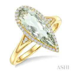 16X6 MM Pear Shape Green Amethyst and 1/6 Ctw Round Cut Diamond Semi-Precious Ring in 10K Yellow Gold