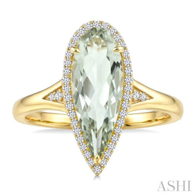 16X6 MM Pear Shape Green Amethyst and 1/6 Ctw Round Cut Diamond Semi-Precious Ring in 10K Yellow Gold