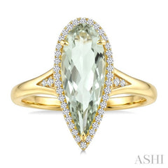 16X6 MM Pear Shape Green Amethyst and 1/6 Ctw Round Cut Diamond Semi-Precious Ring in 10K Yellow Gold