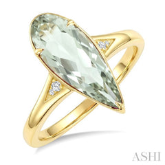 16X6 MM Pear Shape Green Amethyst and 1/50 Ctw Round Cut Diamond Semi-Precious Ring in 10K Yellow Gold