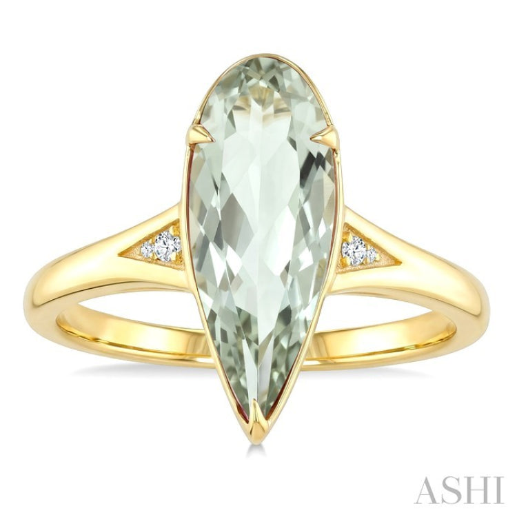 16X6 MM Pear Shape Green Amethyst and 1/50 Ctw Round Cut Diamond Semi-Precious Ring in 10K Yellow Gold