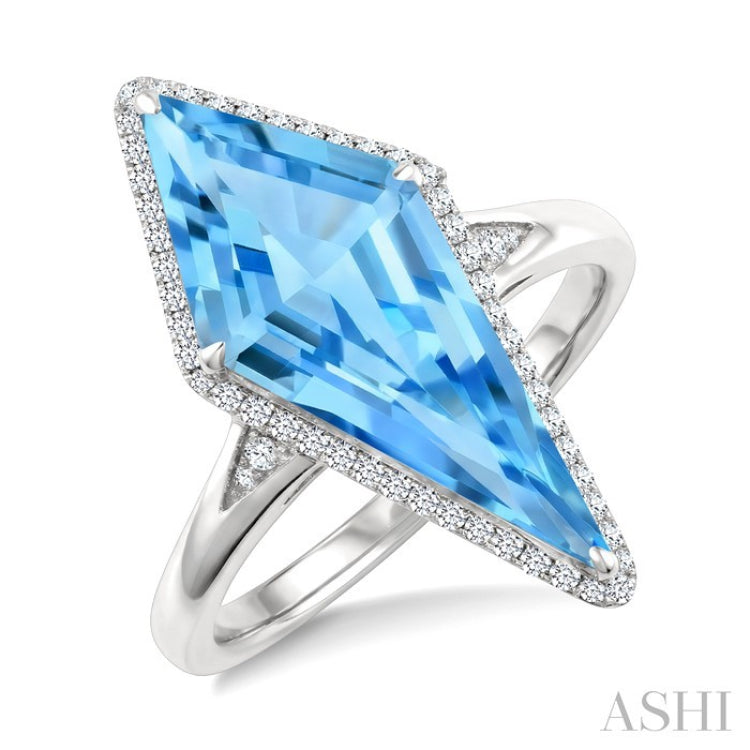 22X9 MM Kite Shape Blue Topaz and 1/5 Ctw Round Cut Diamond Semi-Precious Ring in 14K White Gold