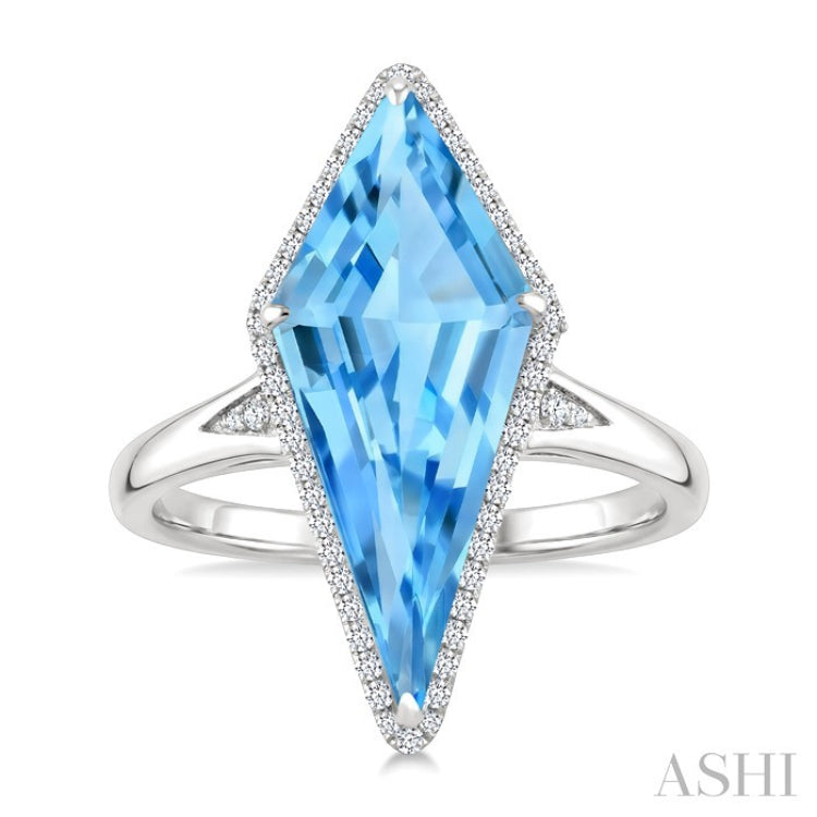 22X9 MM Kite Shape Blue Topaz and 1/5 Ctw Round Cut Diamond Semi-Precious Ring in 14K White Gold