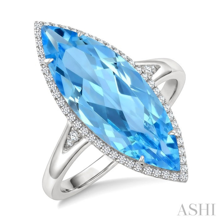 22X8 MM Marquise Shape Blue Topaz and 1/5 Ctw Round Cut Diamond Semi-Precious Ring in 14K White Gold