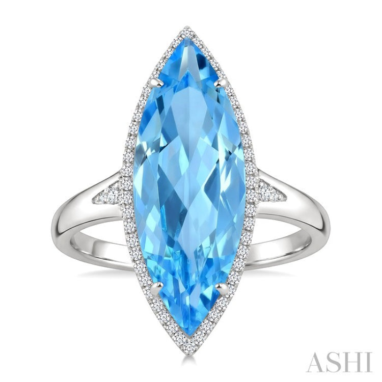 22X8 MM Marquise Shape Blue Topaz and 1/5 Ctw Round Cut Diamond Semi-Precious Ring in 14K White Gold