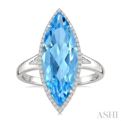 22X8 MM Marquise Shape Blue Topaz and 1/5 Ctw Round Cut Diamond Semi-Precious Ring in 14K White Gold