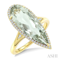 22X8 MM Pear Shape Green Amethyst and 1/5 Ctw Round Cut Diamond Semi-Precious Ring in 14K Yellow Gold