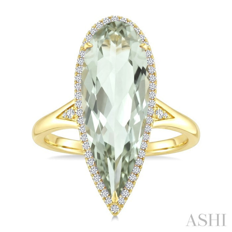 22X8 MM Pear Shape Green Amethyst and 1/5 Ctw Round Cut Diamond Semi-Precious Ring in 14K Yellow Gold