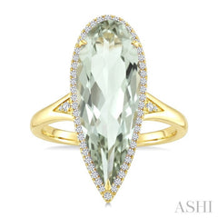 22X8 MM Pear Shape Green Amethyst and 1/5 Ctw Round Cut Diamond Semi-Precious Ring in 14K Yellow Gold