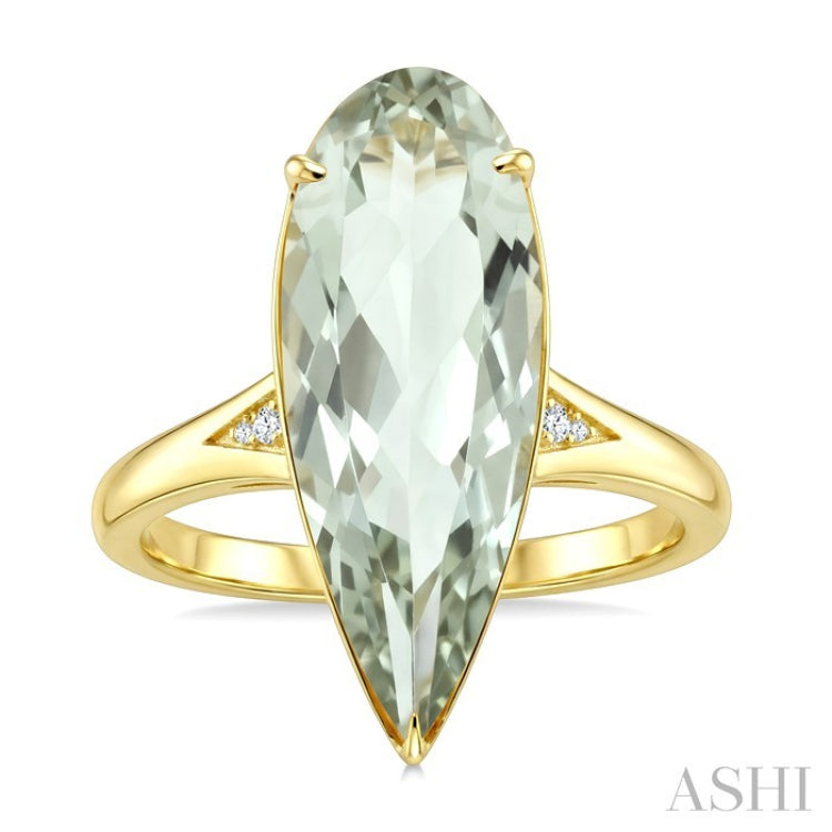 22X8 MM Pear Shape Green Amethyst and 1/50 Ctw Round Cut Diamond Semi-Precious Ring in 14K Yellow Gold