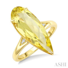 22X8 MM Pear Shape Lemon Quartz and 1/50 Ctw Round Cut Diamond Semi-Precious Ring in 14K Yellow Gold