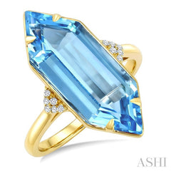 22X8 MM Hexagon Shape Blue Topaz and 1/20 Ctw Round Cut Diamond Semi-Precious Ring in 14K Yellow Gold