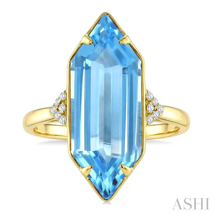 22X8 MM Hexagon Shape Blue Topaz and 1/20 Ctw Round Cut Diamond Semi-Precious Ring in 14K Yellow Gold