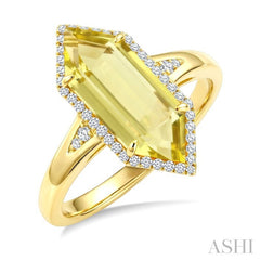 16X6 MM Hexagon Shape Lemon Quartz and 1/5 Ctw Round Cut Diamond Semi-Precious Ring in 10K Yellow Gold