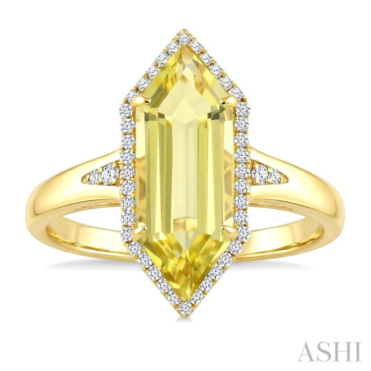 16X6 MM Hexagon Shape Lemon Quartz and 1/5 Ctw Round Cut Diamond Semi-Precious Ring in 10K Yellow Gold