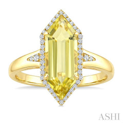 16X6 MM Hexagon Shape Lemon Quartz and 1/5 Ctw Round Cut Diamond Semi-Precious Ring in 10K Yellow Gold