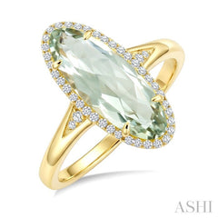 16X6 MM Oval Shape Green Amethyst and 1/6 Ctw Round Cut Diamond Semi-Precious Ring in 10K Yellow Gold