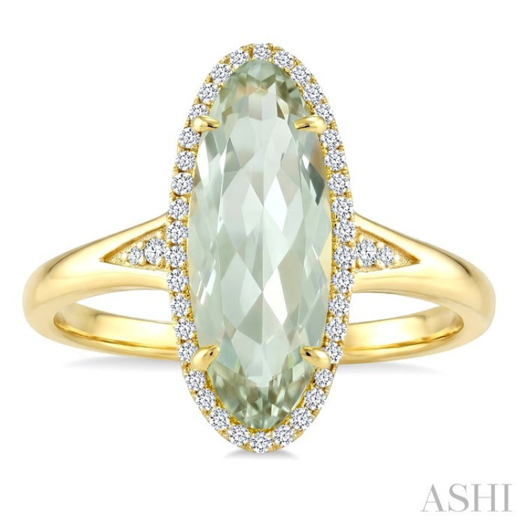 16X6 MM Oval Shape Green Amethyst and 1/6 Ctw Round Cut Diamond Semi-Precious Ring in 10K Yellow Gold