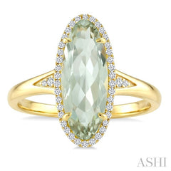 16X6 MM Oval Shape Green Amethyst and 1/6 Ctw Round Cut Diamond Semi-Precious Ring in 10K Yellow Gold