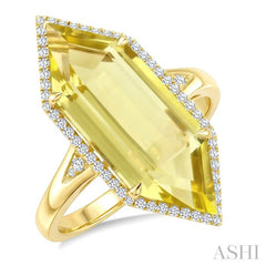 22X8 MM Hexagon Shape Lemon Quartz and 1/4 Ctw Round Cut Diamond Semi-Precious Ring in 14K Yellow Gold