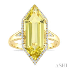 22X8 MM Hexagon Shape Lemon Quartz and 1/4 Ctw Round Cut Diamond Semi-Precious Ring in 14K Yellow Gold