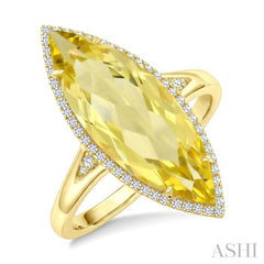 22X8 MM Marquise Shape Lemon Quartz and 1/5 Ctw Round Cut Diamond Semi-Precious Ring in 14K Yellow Gold