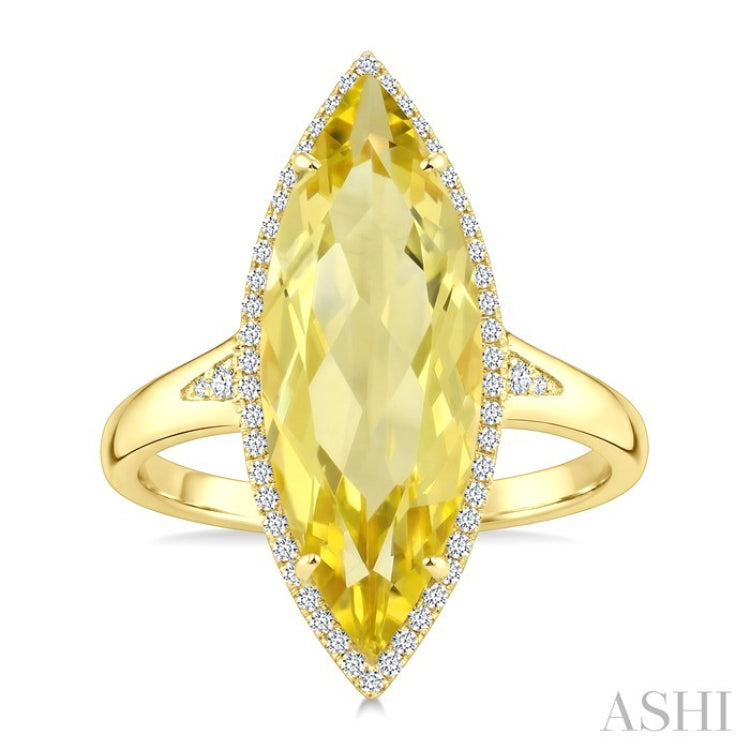 22X8 MM Marquise Shape Lemon Quartz and 1/5 Ctw Round Cut Diamond Semi-Precious Ring in 14K Yellow Gold