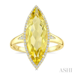 22X8 MM Marquise Shape Lemon Quartz and 1/5 Ctw Round Cut Diamond Semi-Precious Ring in 14K Yellow Gold
