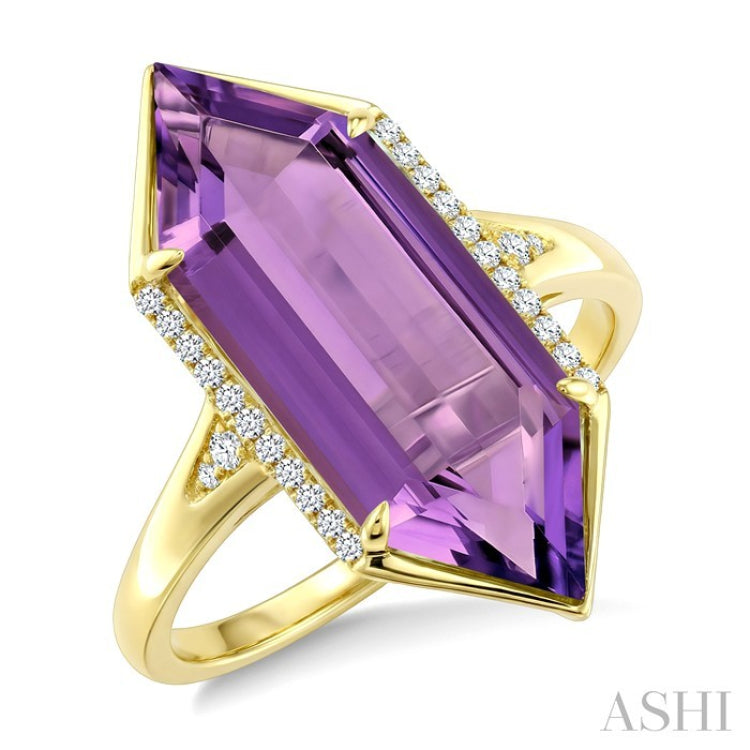22X8 MM Hexagon Shape Amethyst and 1/10 Ctw Round Cut Diamond Semi-Precious Ring in 14K Yellow Gold