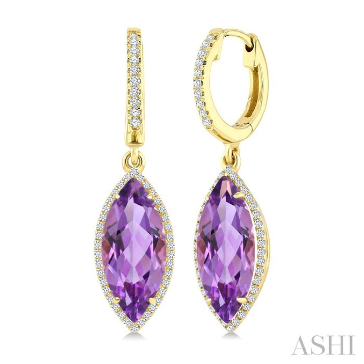 16X7 MM Marquise Shape Amethyst and 3/8 Ctw Round Cut Diamond Semi-Precious Earrings in 14K Yellow Gold